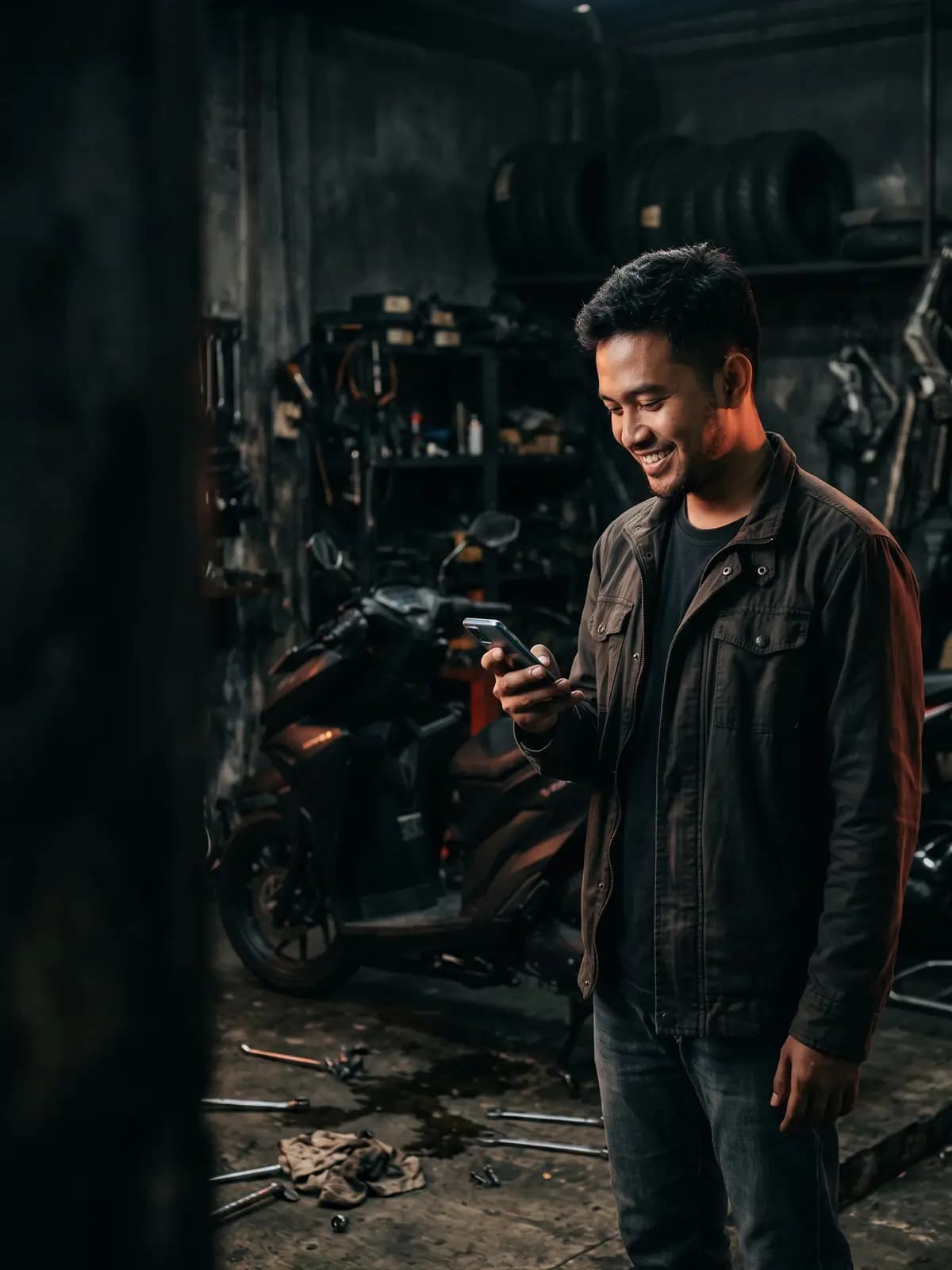Affiliate Motomax mengecek komisi dari ponsel di bengkel motor